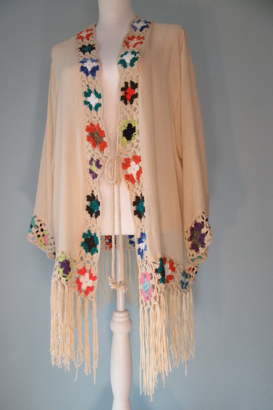 Kindred Boho Crochet Tie Fringe Kimono Cardigan Duster 3X Cream Granny Square